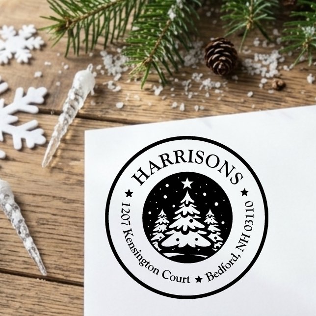 Round Starry Christmas Tree Return Address Custom Rubber Stamp (Creator Uploaded)