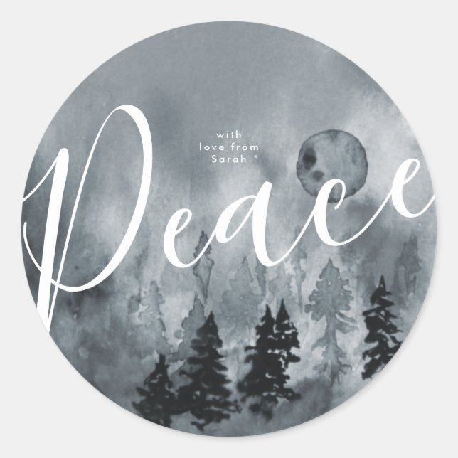 Round Sticker Christmas Snow Tree Navy Watercolor (Front)