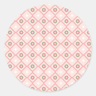 Round sticker design featuring pink and white 