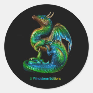 round sticker with a colourful scratching dragon
