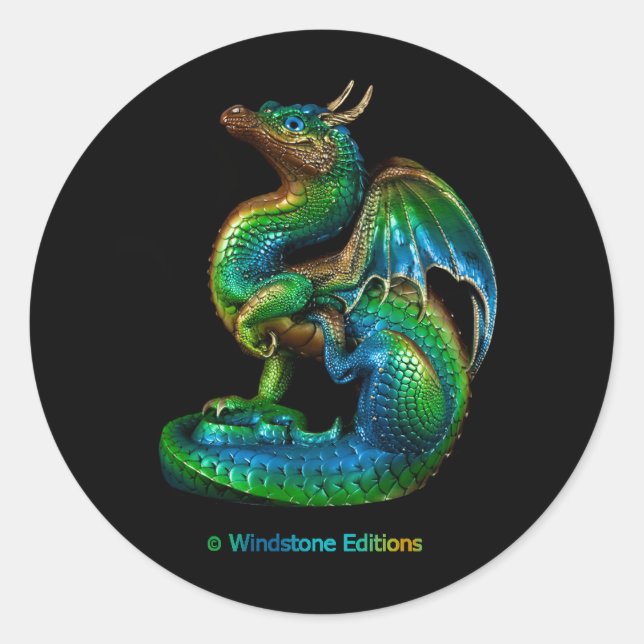 round sticker with a colourful scratching dragon (Front)