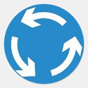 Round sticker with roundabout sign.