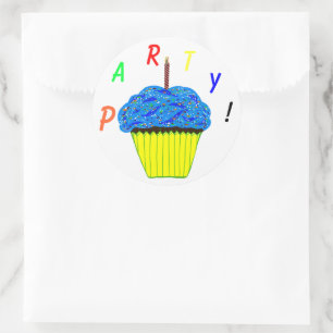Round Stickers 1st Birthday Party Blue Cupcake