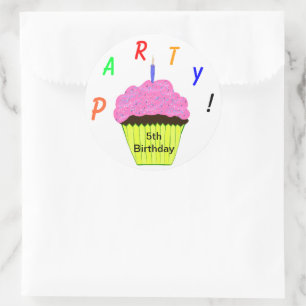 Round Stickers 5th Birthday Party Pink Cupcake