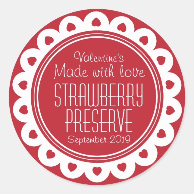 Round strawberry preserve or jam jar food label (Front)
