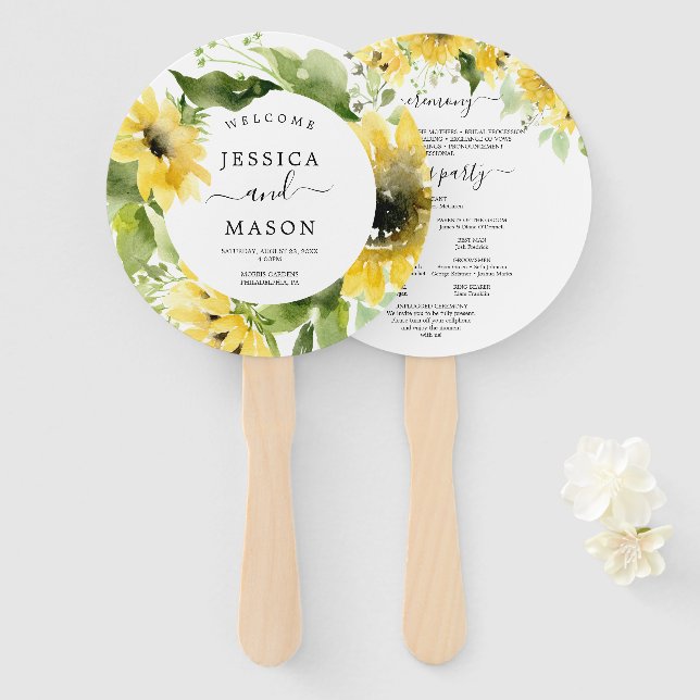 Round Sunflower Wedding Program Fan (Front and Back)