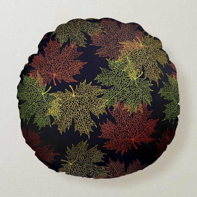 Round Throw Pillow-Autumn Falling Leaves Pillow (Front)
