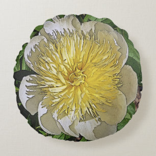 ROUND THROW PILLOW/ WHITE PEONY WITH YELLOW CENTER PILLOW