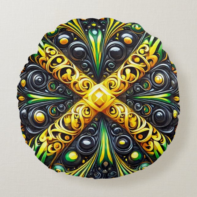 Round Throw Pillow with Jamaican Colours (Front)