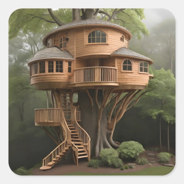 Round tree house square sticker (Front)
