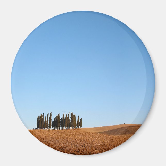 Round Tuscany landscape magnet with cypress trees (Front)