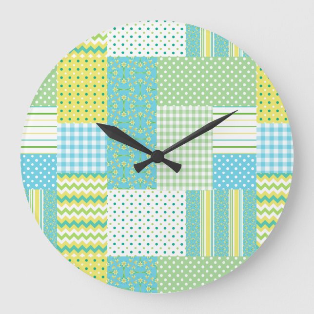 Round Wall Clock: Daffodil Faux-Patchwork Large Clock (Front)