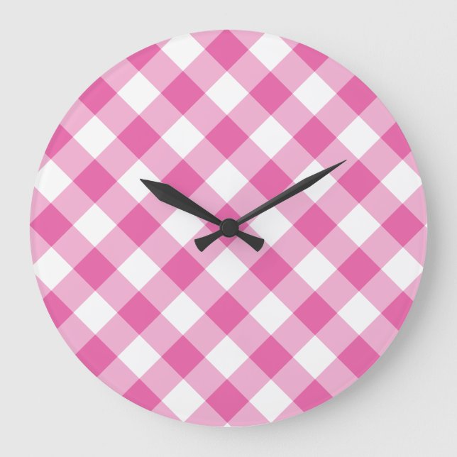 Round Wall Clock: Pink, White Check Gingham Large Clock (Front)