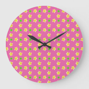 Round Wall Clock: Primroses on Deep Pink, Polkas Large Clock
