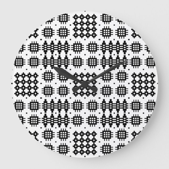 Round Wall Clock: Welsh Tapestry Pattern, Black Large Clock (Front)