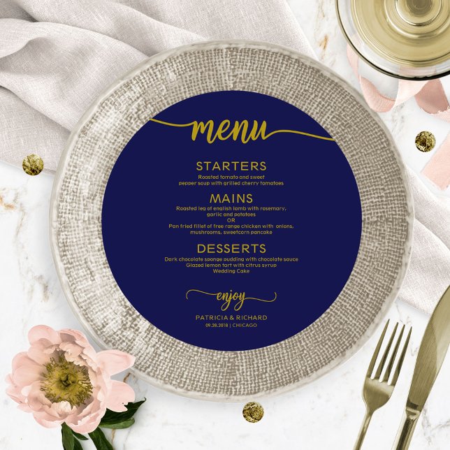 Round Wedding Menu Simple Elegant Gold Navy Blue (Creator Uploaded)