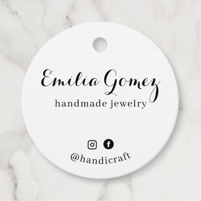 Round White Calligraphy Script Hang Tag Design (Front)