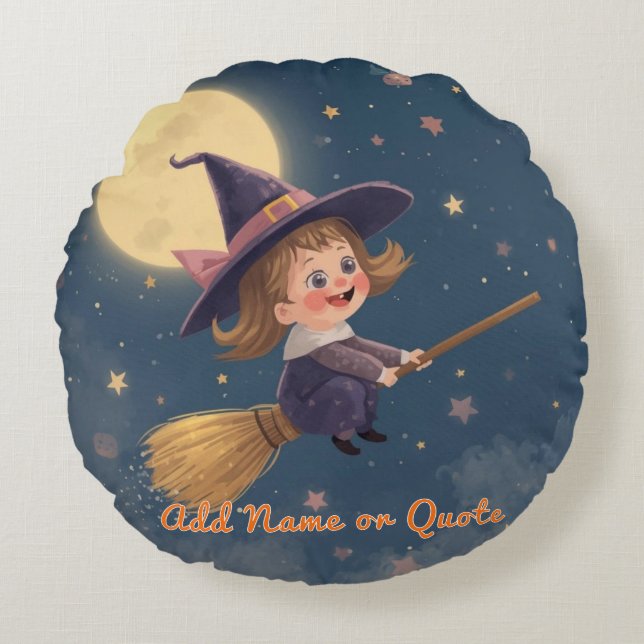 Round Witch Halloween Pillow – Customizable Text (Front)