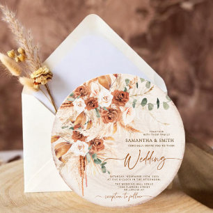 Round Wood Grain Boho Pampas Grass Photo Wedding Invitation