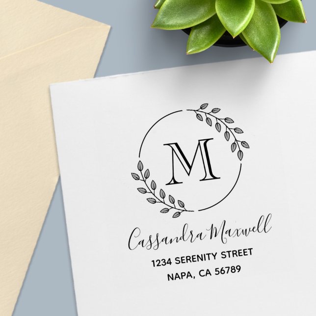 Round Wreath, Leaves Monogram 2 Address Self-inking Stamp (Creator Uploaded)