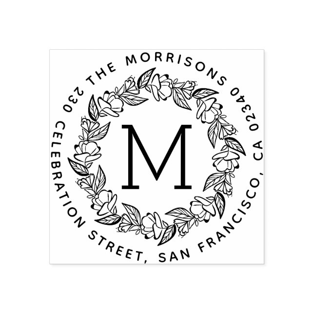 Round Wreath Monogram Family Name Return Address Rubber Stamp (Imprint)