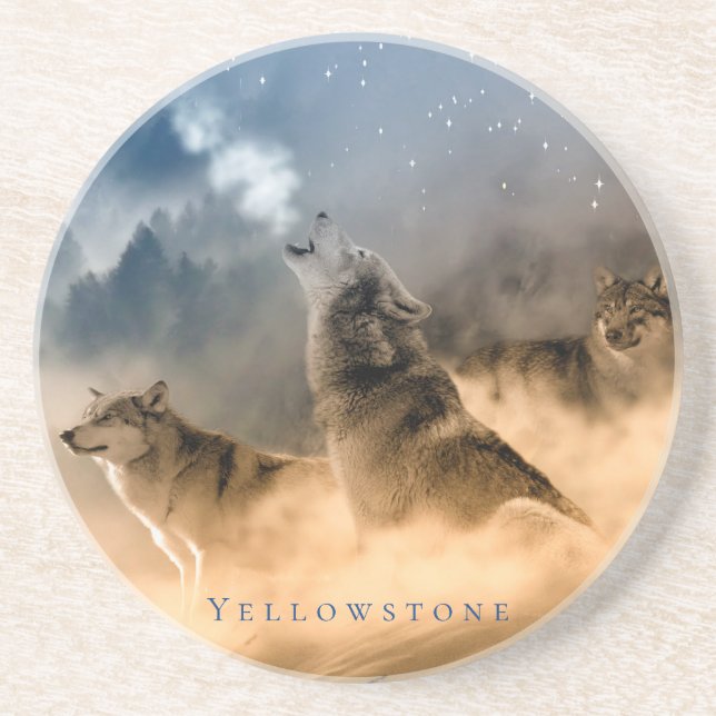 Round Yellowstone Coaster-Sandstone 3 Wolves Coaster (Front)