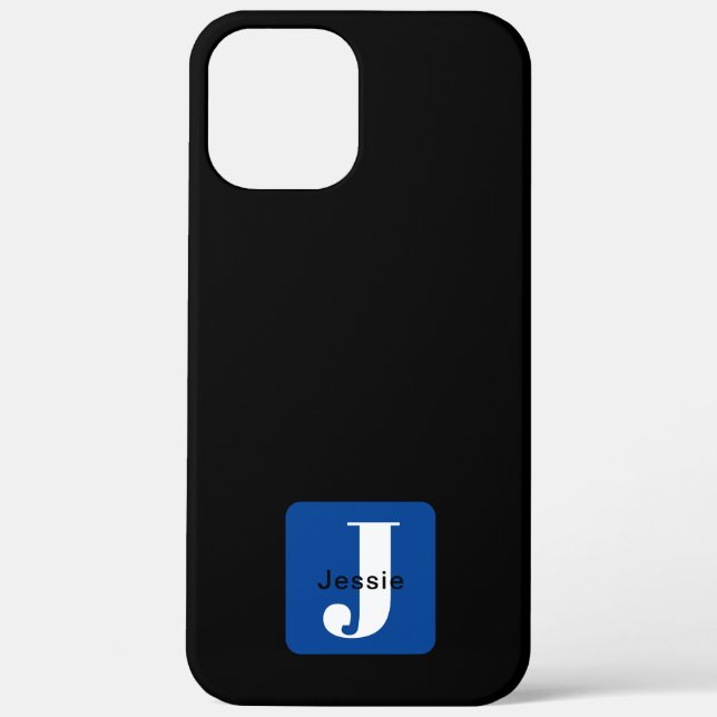 Rounded Box Name & Monogram | Black White & Blue Case-Mate iPhone Case (Back)