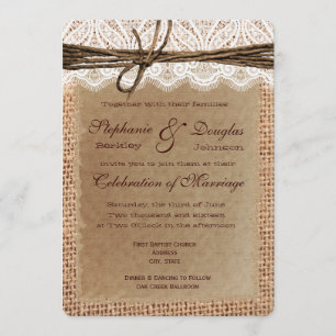 Rounded Corners Burlap Print Wedding Invitations