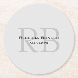Rounded White Grey Monogram Manager Round Paper Coaster