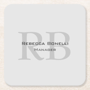 Rounded White Grey Monogram Manager Square Paper Coaster