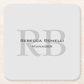Rounded White Grey Monogram Manager Square Paper Coaster