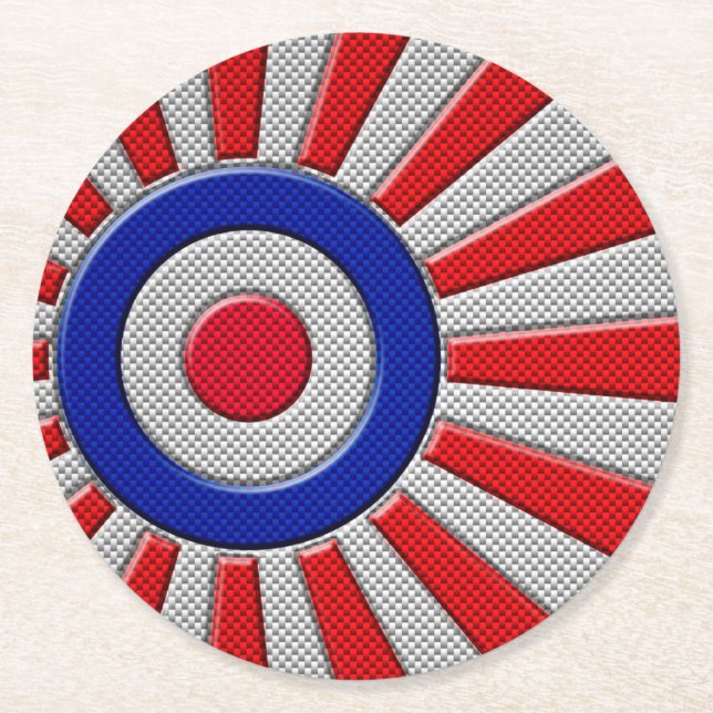 Roundel Sunburst Design Carbon Fibre Style Decor Round Paper Coaster (Front)