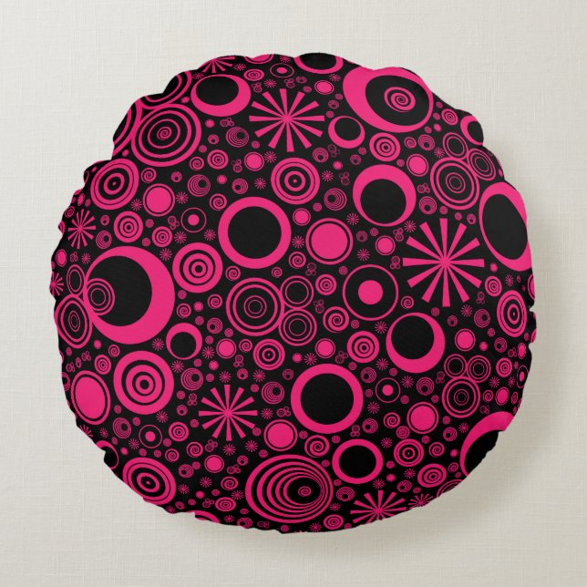 Rounds-Pink-Black Round Throw Pillow (Front)