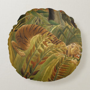 Rousseau Jungle Tropical Tiger Art Round Pillow