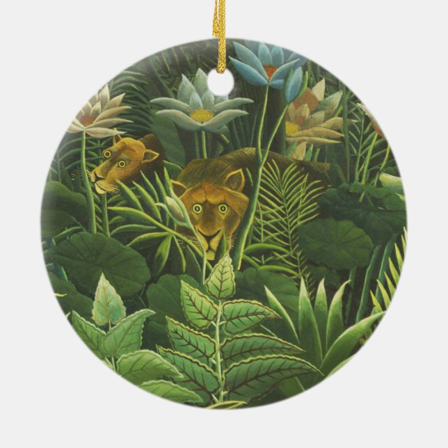 Rousseau Tropical Jungle Lion Painting Ceramic Ornament (Back)
