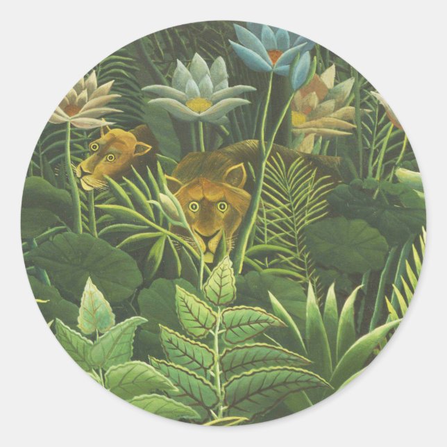 Rousseau Tropical Jungle Lion Painting Classic Round Sticker (Front)