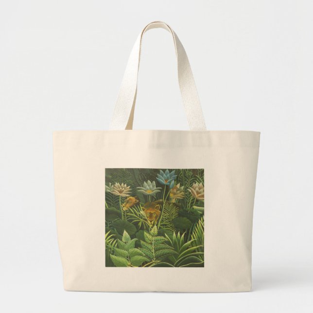 Rousseau Tropical Jungle Lion Painting Large Tote Bag (Front)