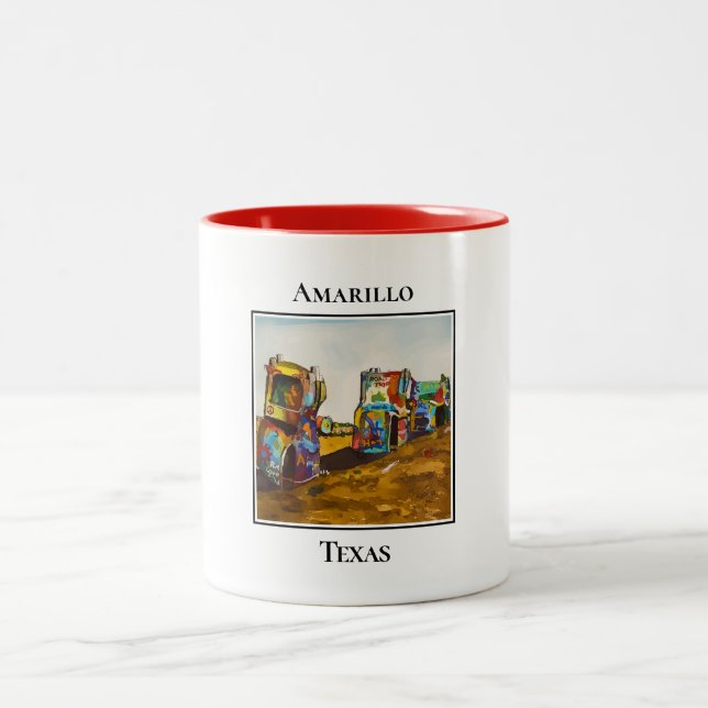 Route 66, Cadillac Ranch, Amarillo Texas Two-Tone Coffee Mug (Center)