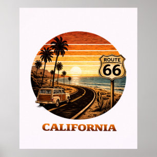 Route 66 California Retro Sunset Coastal Poster