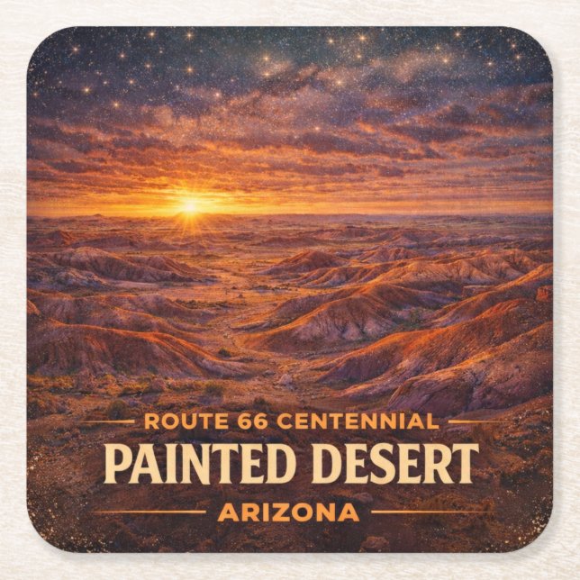 Route 66 Centennial Painted Desert Horizon Square Paper Coaster (Front)