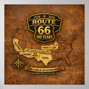 Route 66 Centennial Vintage Map Design Poster