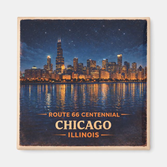 Route 66 Chicago Skyline Fridge Keepsake Magnet (Front)