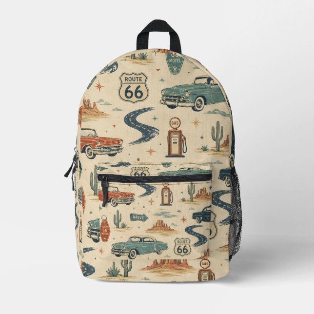 route 66 Classic Cars Desert Highway Pattern Printed Backpack (Front)