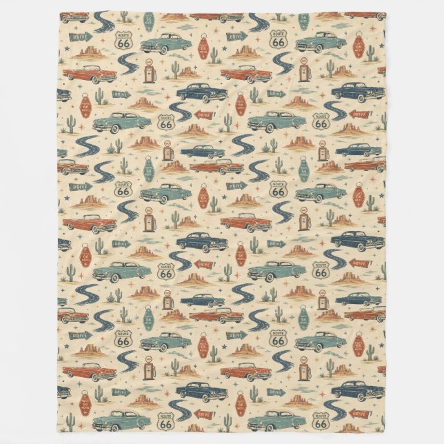 route 66 Classic Cars Desert Road Trip Pattern Fleece Blanket (Front)