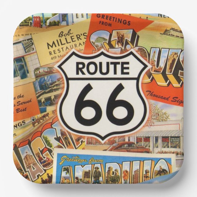  Route 66 Colourful Postcard Paper Plate (Front)