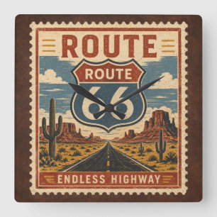 Route 66 Endless Highway Vintage Postage Timepiece Square Wall Clock