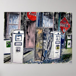 route 66 gas station vintage art poster