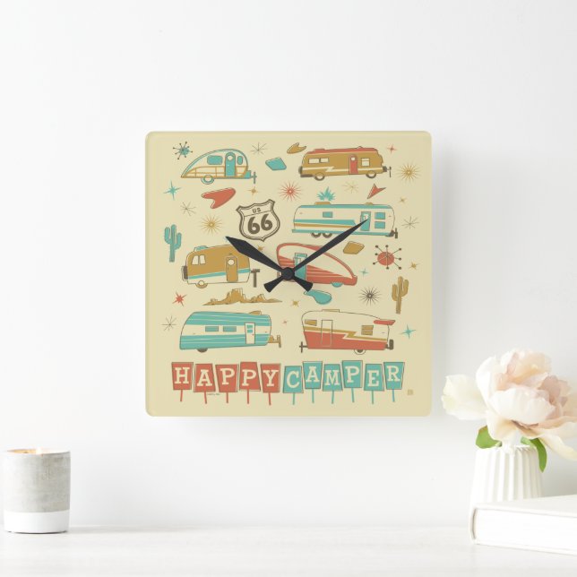 Route 66 Happy Camper Square Wall Clock (Home)