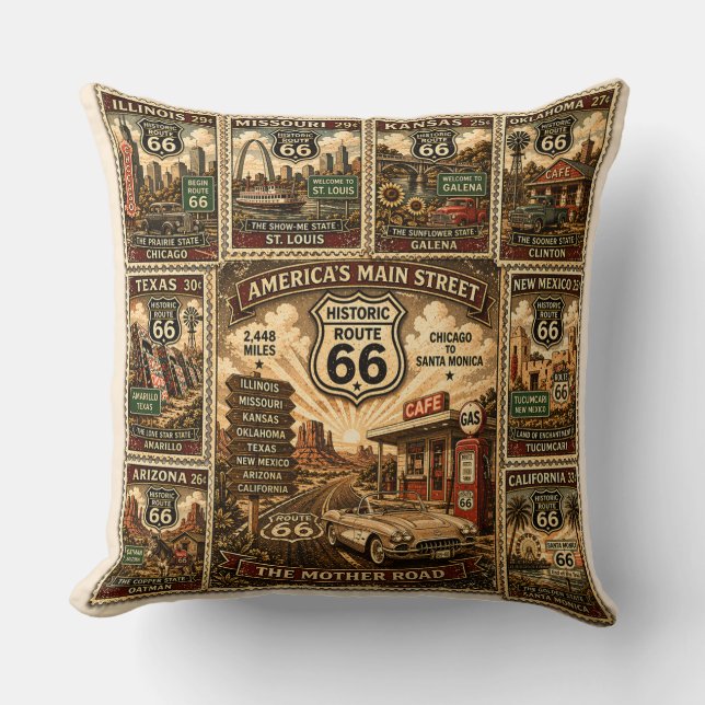 route 66 Home Decor Roadside Stamp Art Throw Pillow (Front)
