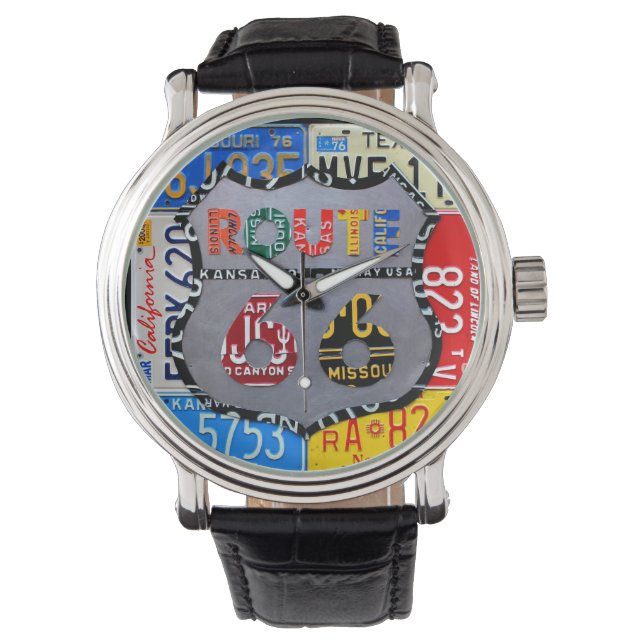 Route 66 License Plate Art Black Wrist Watch (Front)